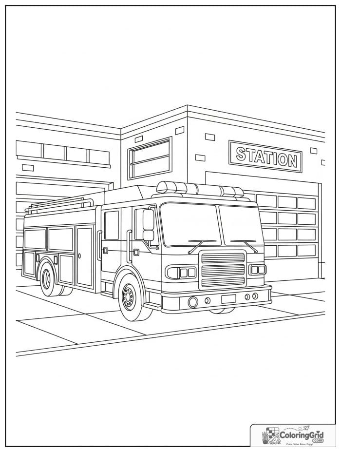 Fire truck outside a fire station in black and white line art.