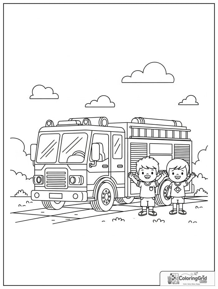Fire truck with children nearby in black and white artwork.