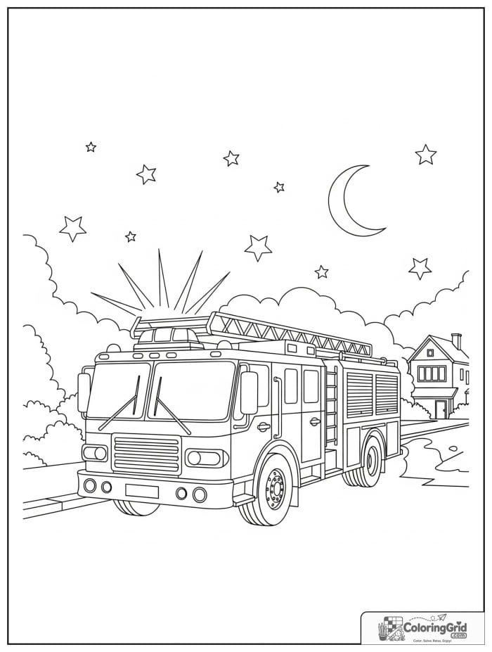Fire truck at night in black and white line art.