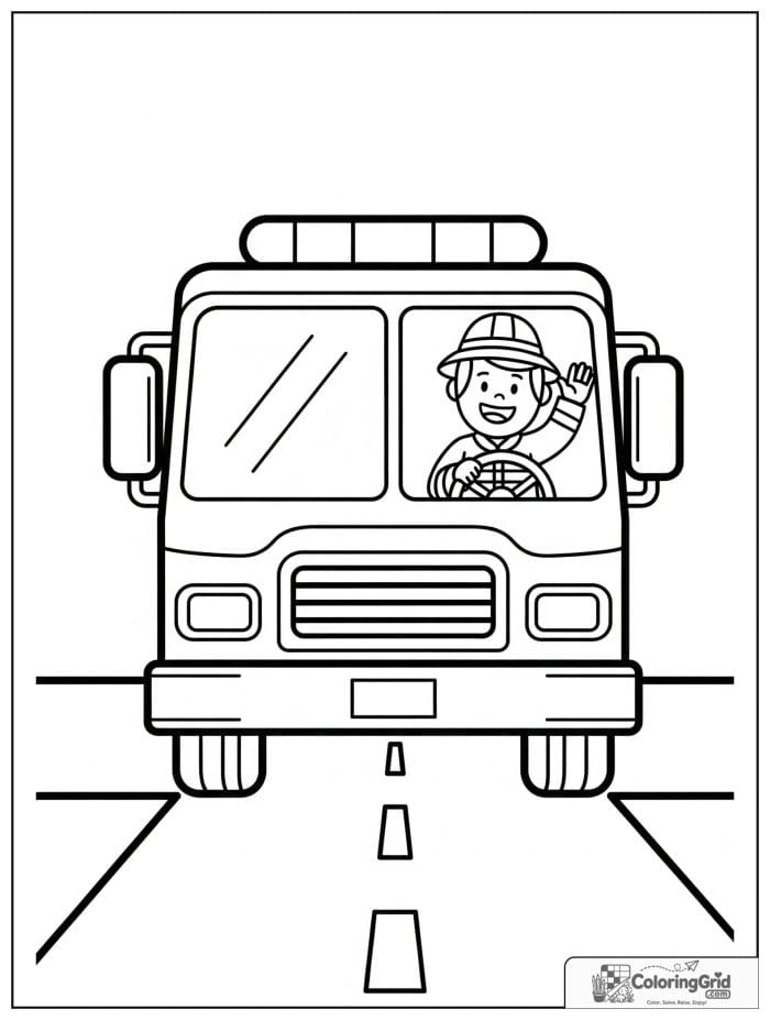 Fire truck with a waving firefighter in black and white.