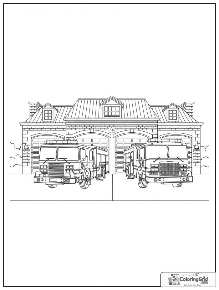 Two fire trucks in front of a firehouse in black and white.
