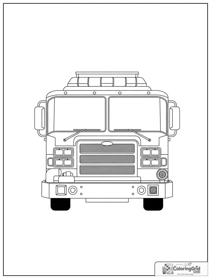 Front view fire truck in black and white artwork.