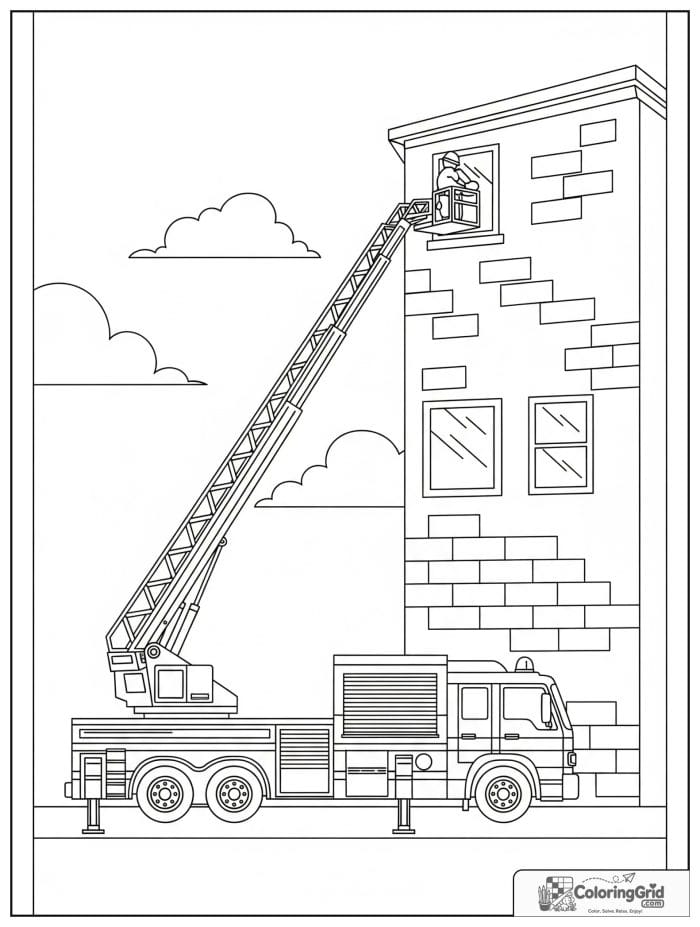 Fire truck ladder reaching a building in black and white.