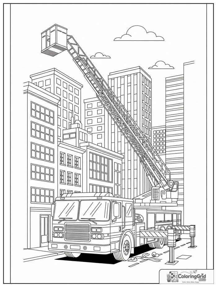 Ladder fire truck in a city rescue scene in black and white.