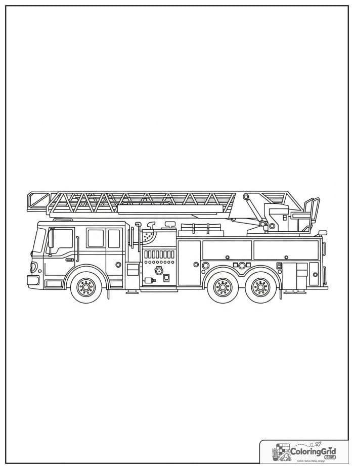 Ladder fire truck side view in black and white.
