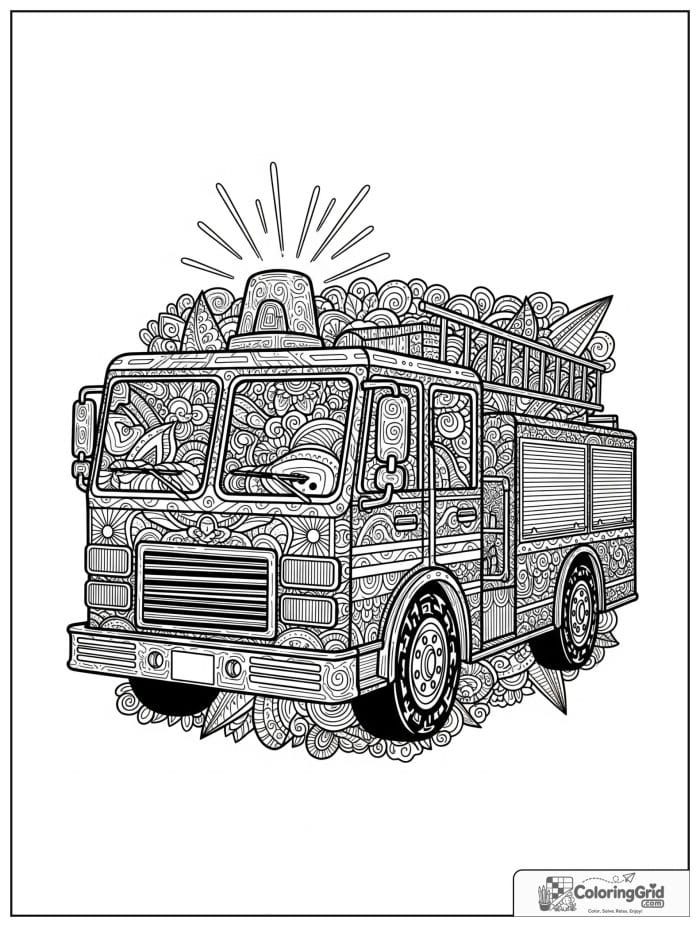 Decorative fire truck with patterned details in black and white.