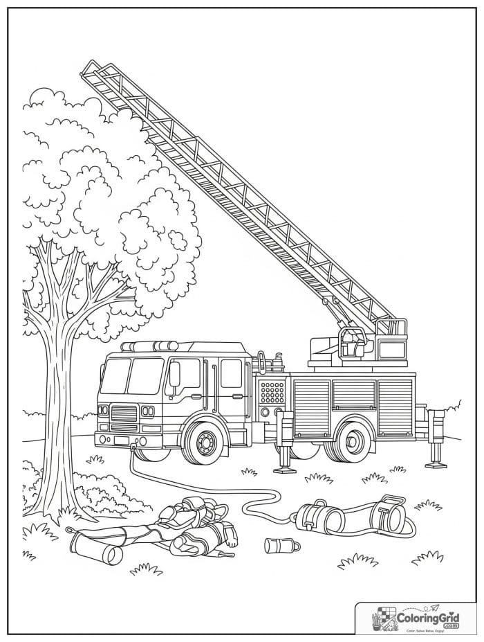 Fire truck near a rescue scene with a tree in black and white.