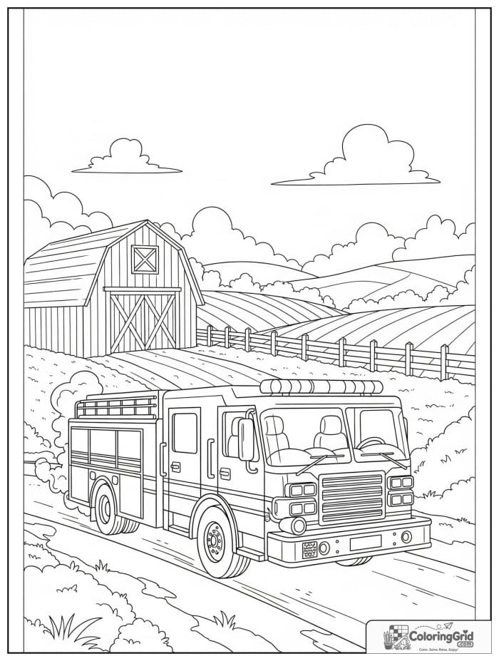 Rural fire truck scene in black and white line art.