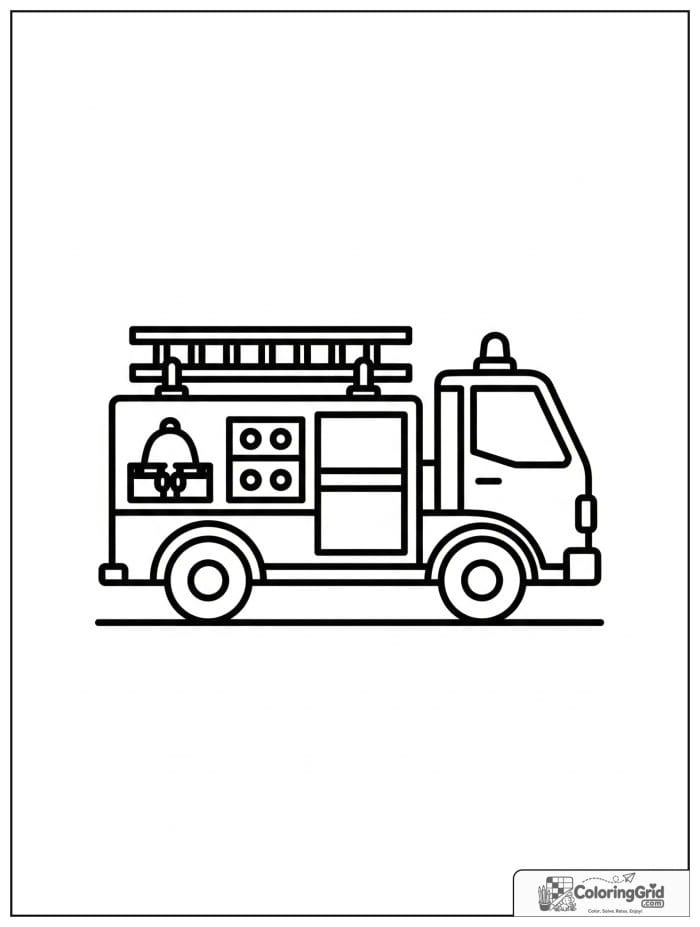 Simple side view fire truck in black and white line art.