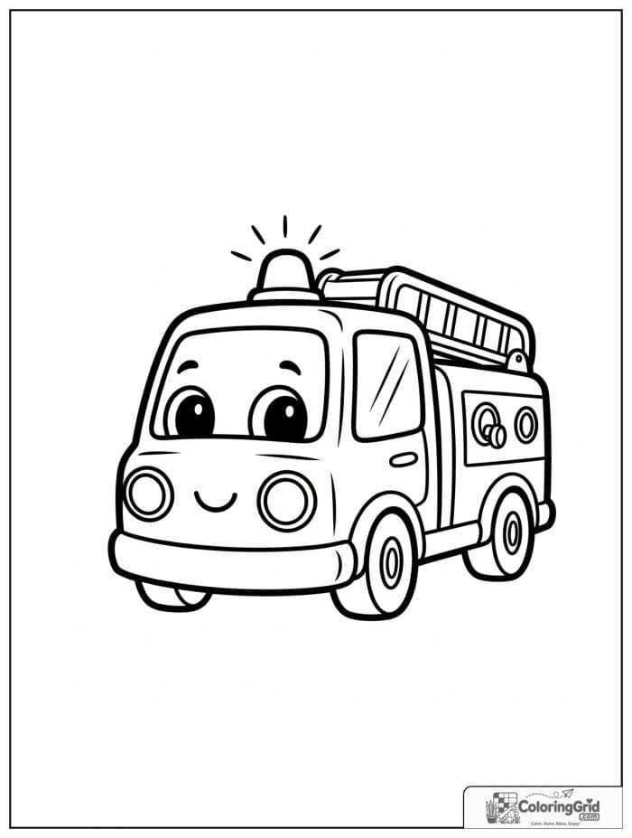 Smiling cartoon fire truck in black and white.