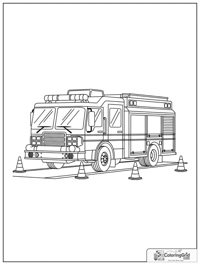 Fire truck with traffic cones in black and white.