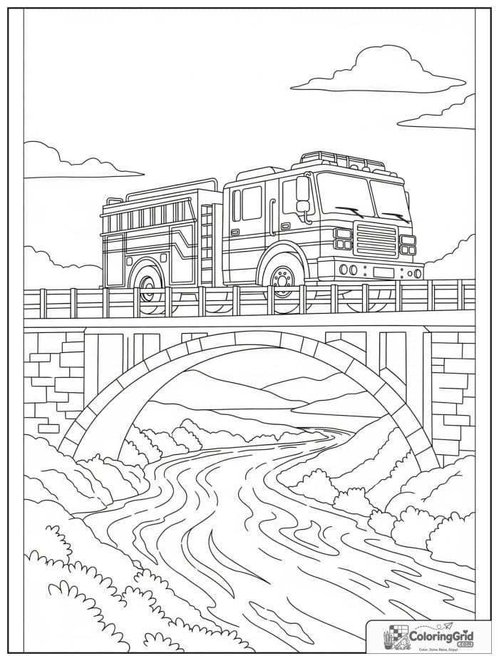 Fire truck crossing a bridge in black and white line art.