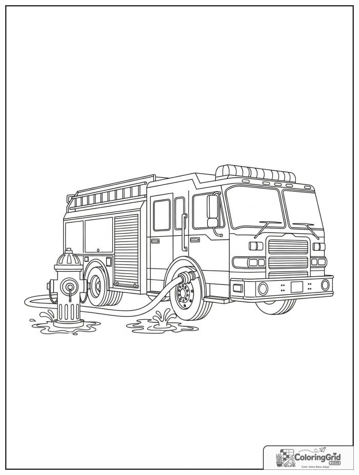 Fire truck near a hydrant in black and white artwork.