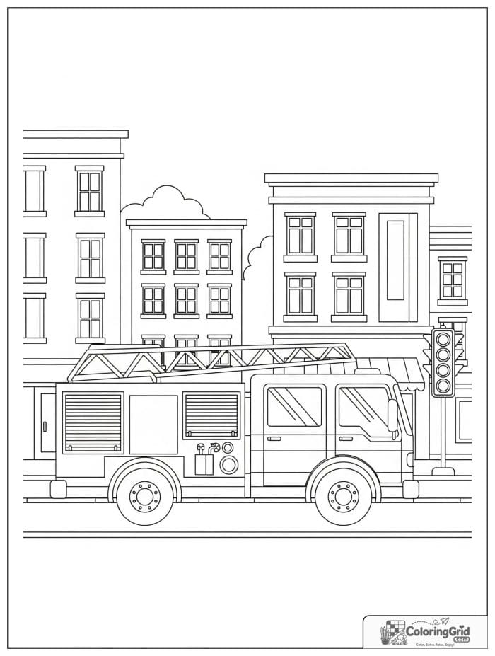Fire truck on a city street in black and white artwork.