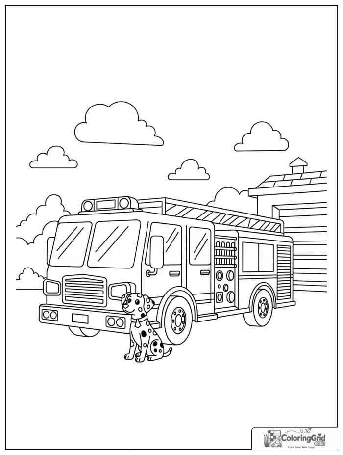 Fire truck with a dalmatian dog in black and white.