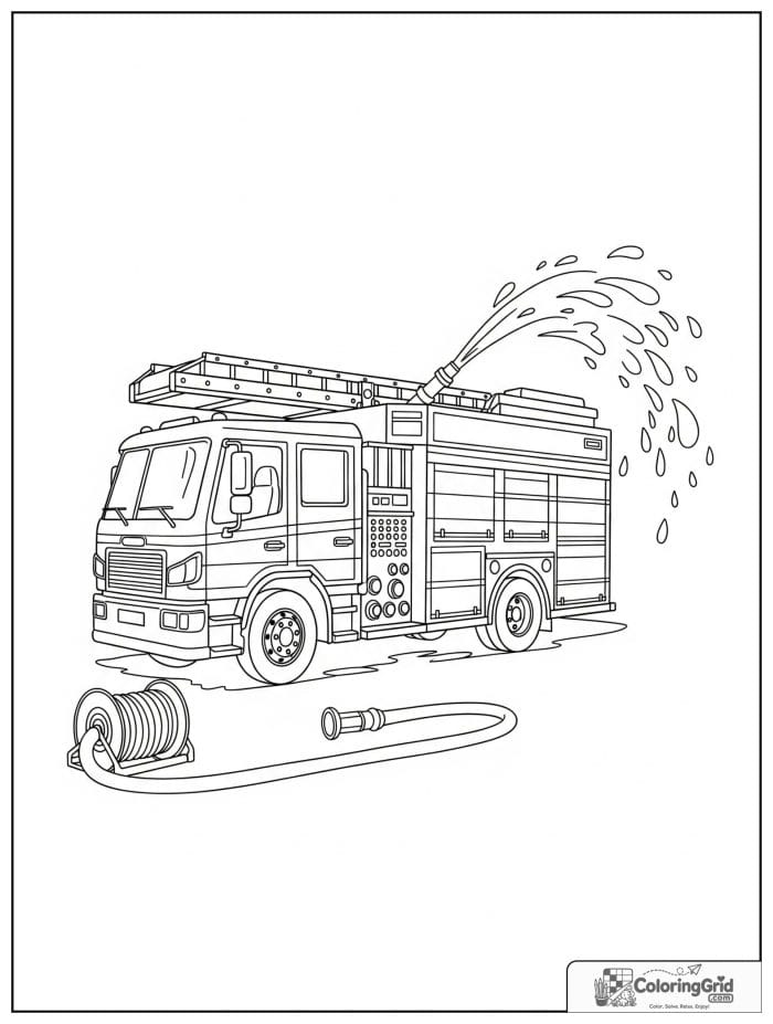 Fire truck with a hose in black and white line art.