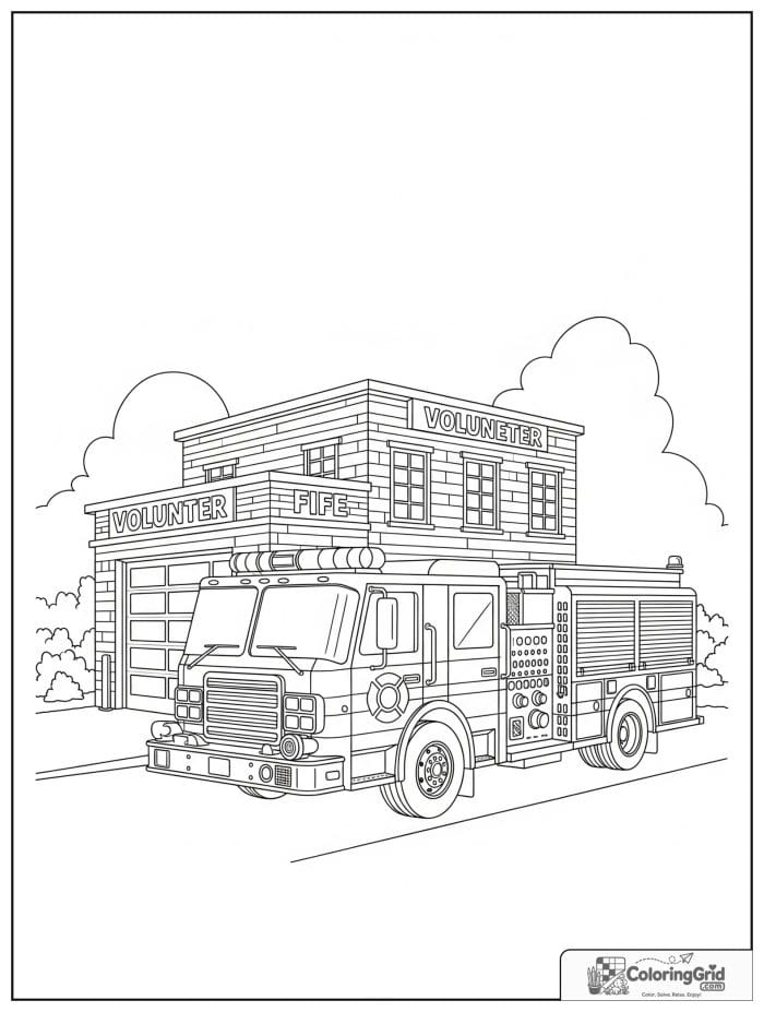 Volunteer fire truck in black and white artwork.
