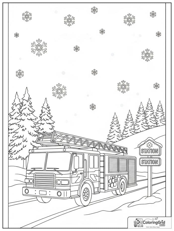 Winter fire truck in black and white artwork.