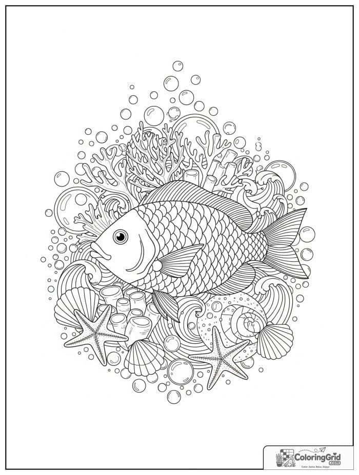 Fish animal mandala coloring page with coral and bubbles