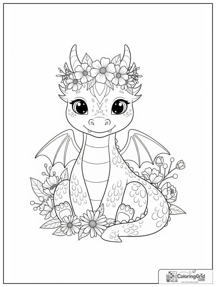 Dragon with flower crown coloring sheet