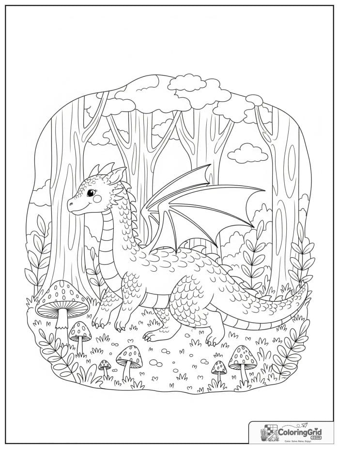 Forest dragon with mushrooms coloring sheet