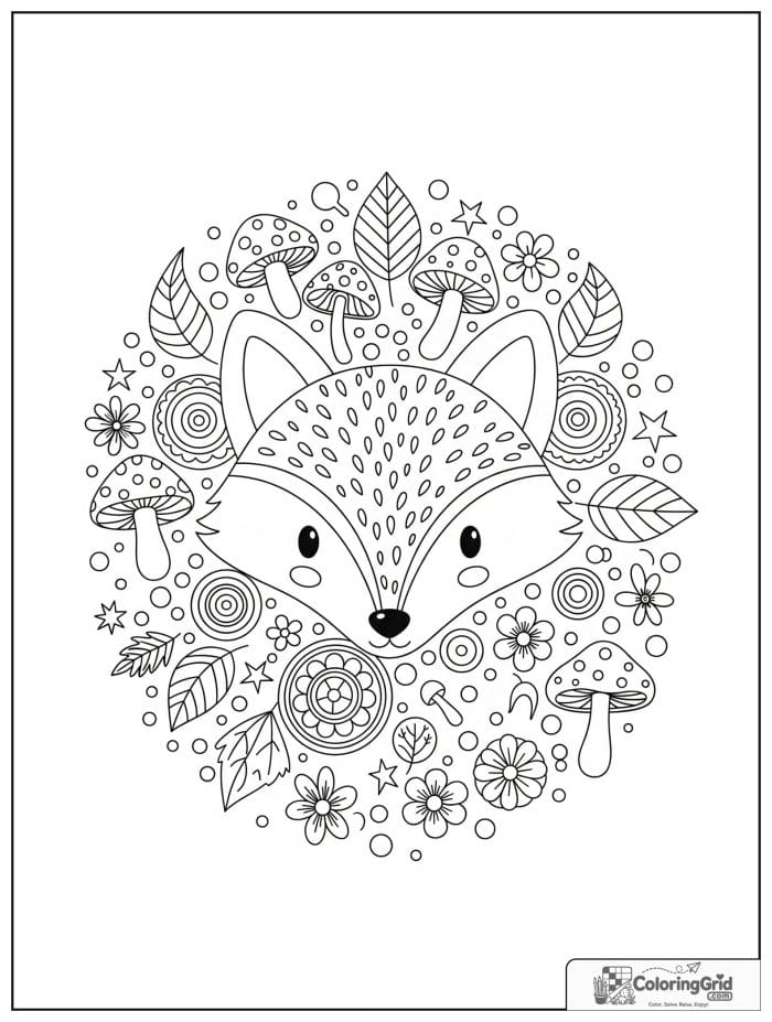 Fox animal mandala coloring page with woodland patterns