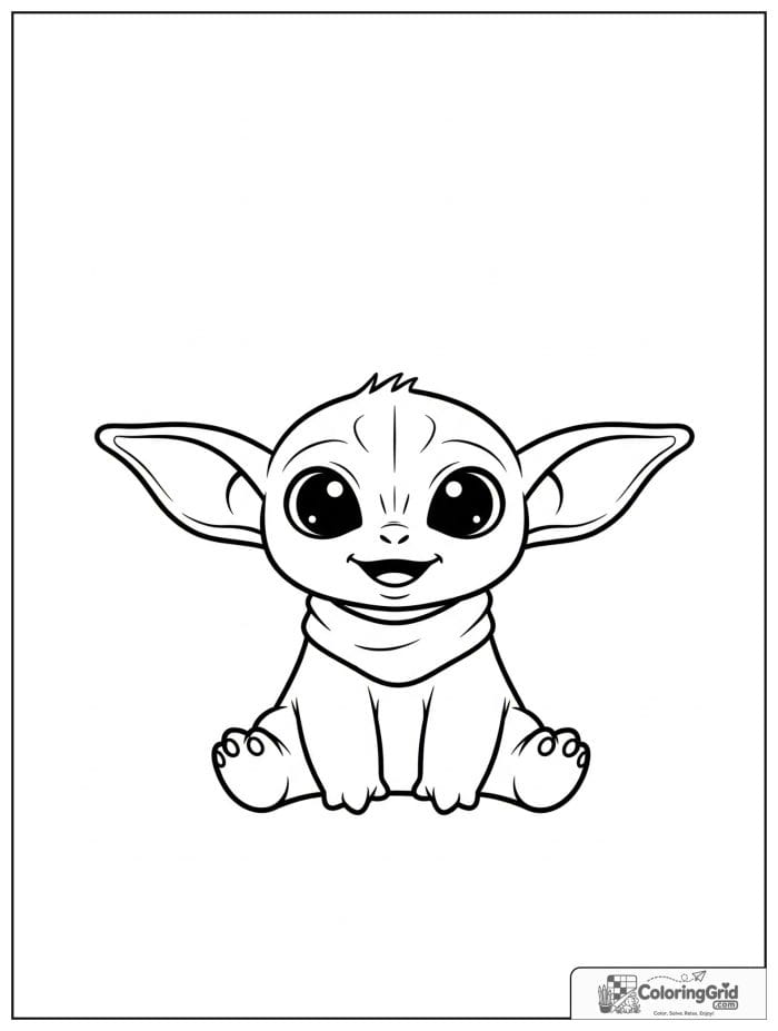 Friendly alien creature sitting black and white line art.