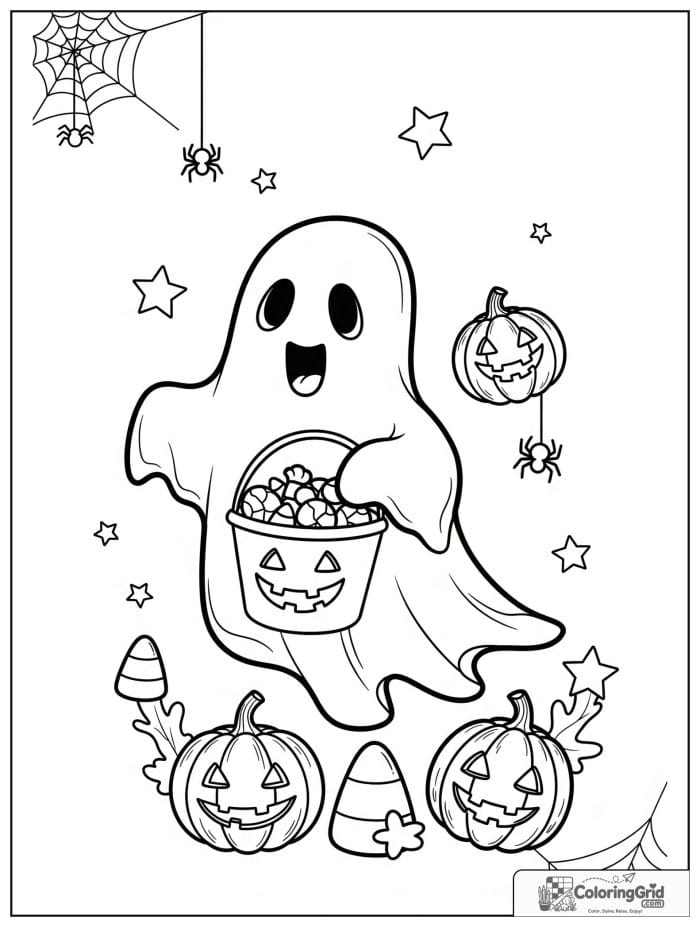Friendly ghost holding candy bucket Halloween coloring page