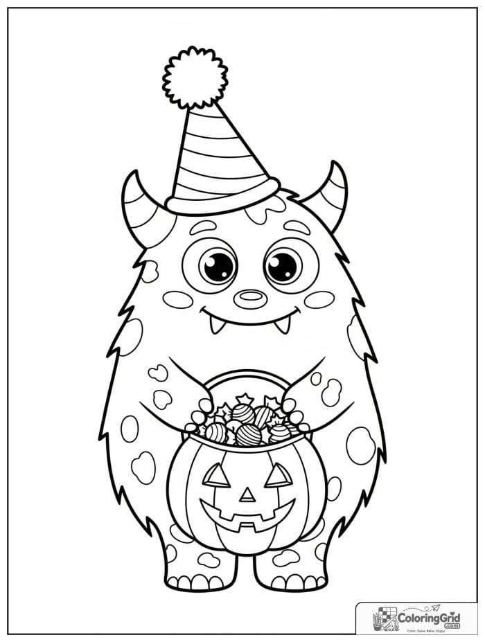 Friendly monster holding pumpkin candy bucket Halloween coloring page