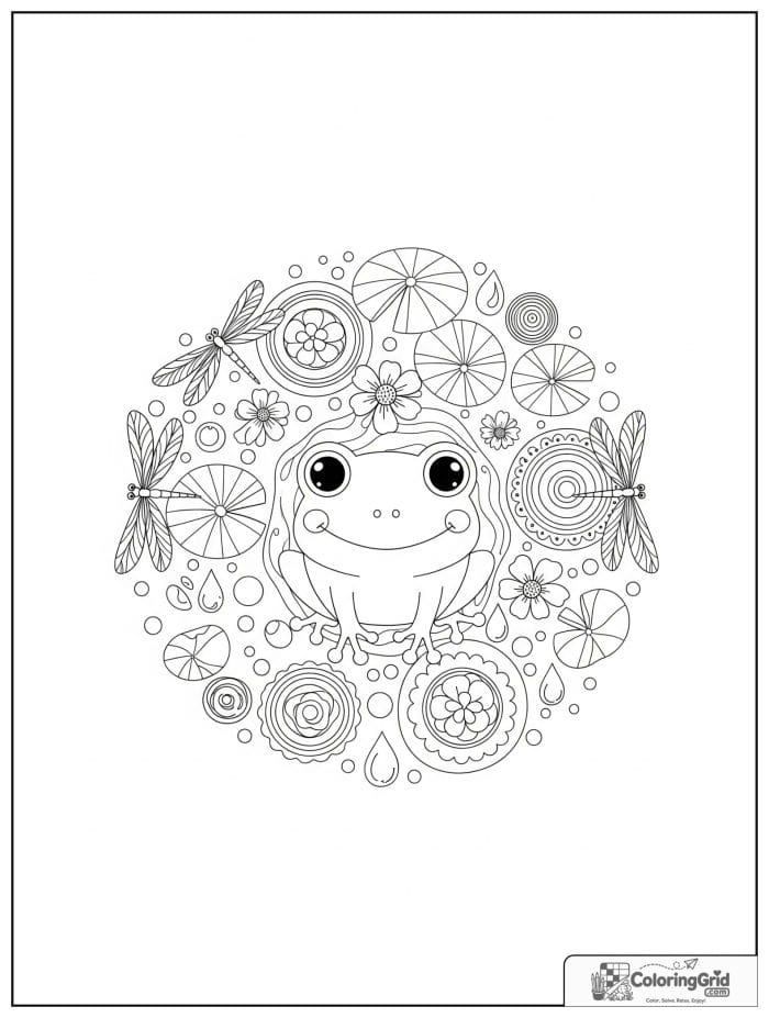 Frog animal mandala coloring page with lily pads and dragonflies