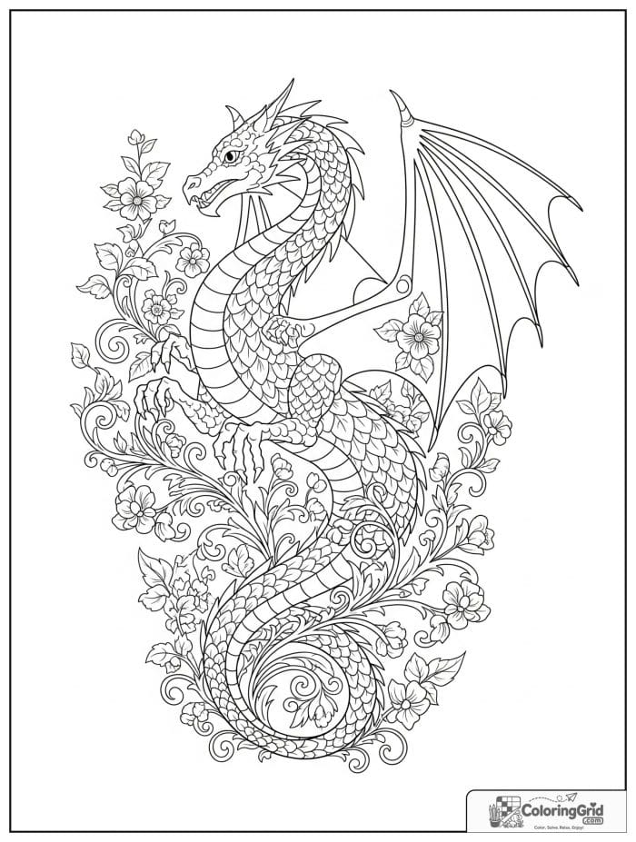 Garden dragon among vines coloring sheet