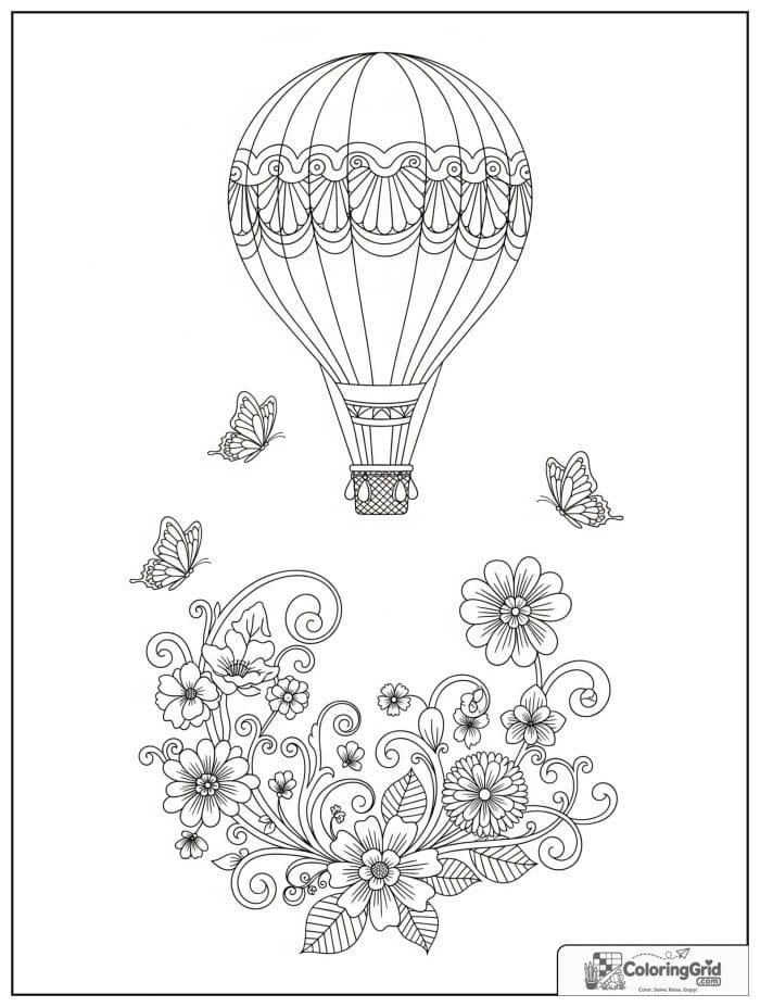Garden hot air balloon scene coloring sheet