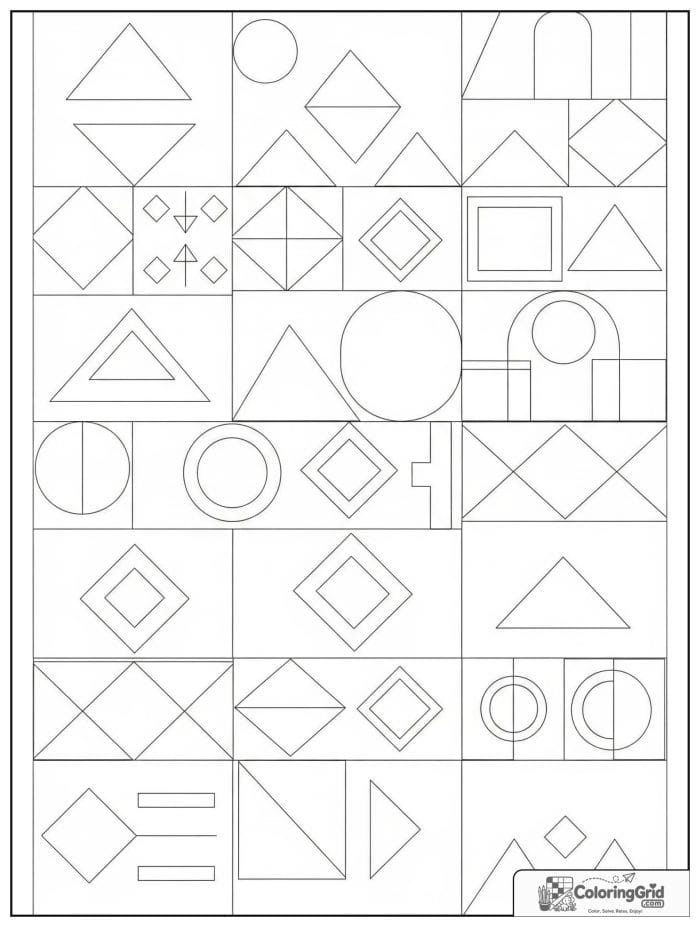 Geometric abstract coloring page with triangles circles and diamonds
