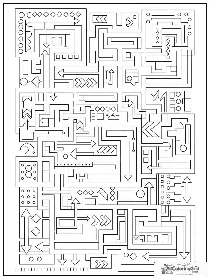 Geometric maze abstract coloring page with squares rectangles and arrows