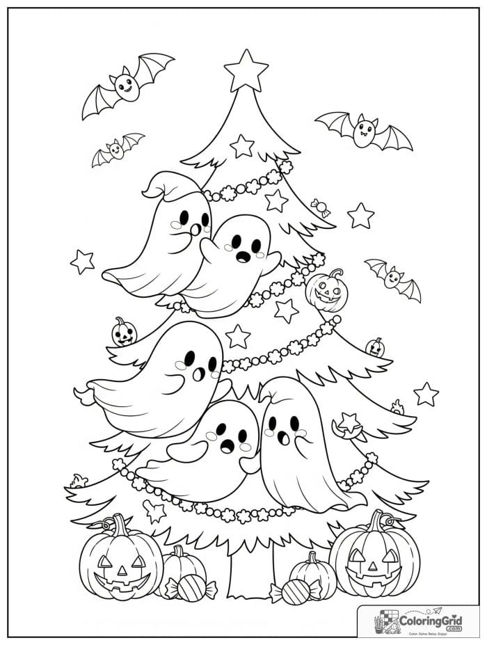 Cute ghost family floating around a Halloween tree coloring page
