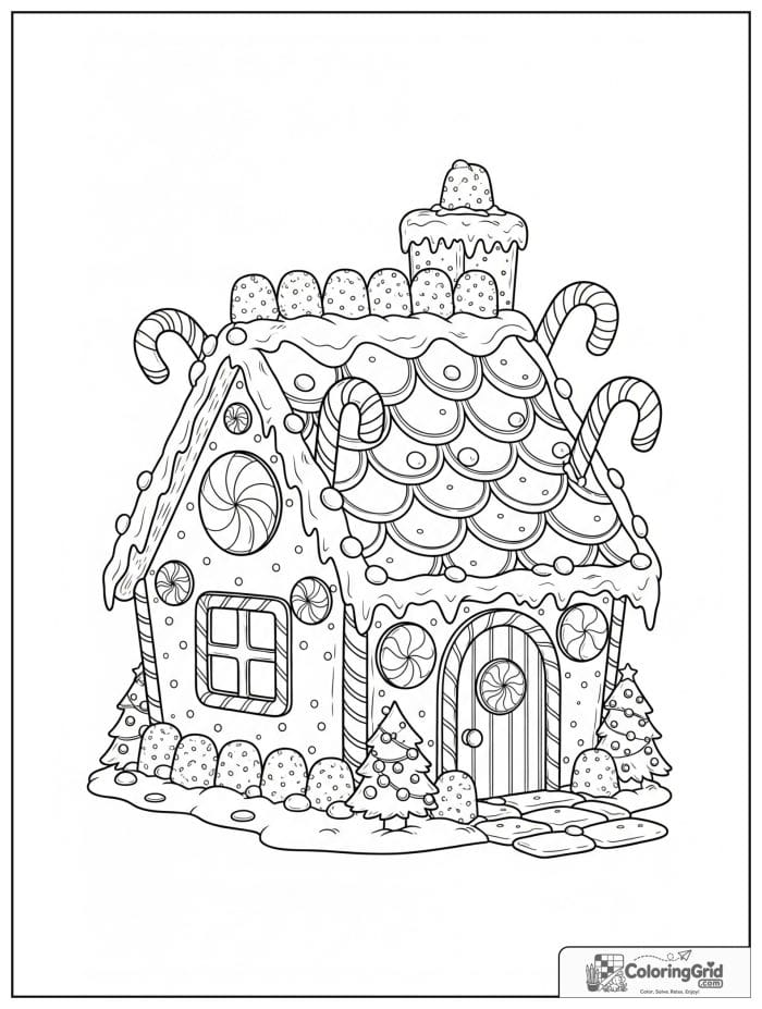 Gingerbread house Christmas coloring page with candy canes