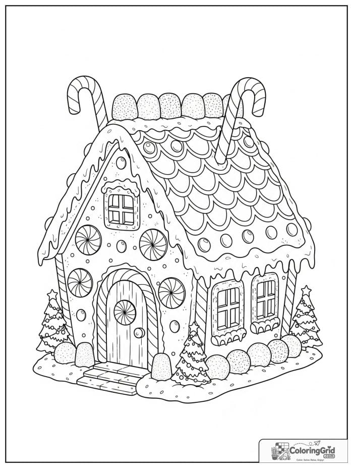 Gingerbread house Christmas coloring page with candy canes