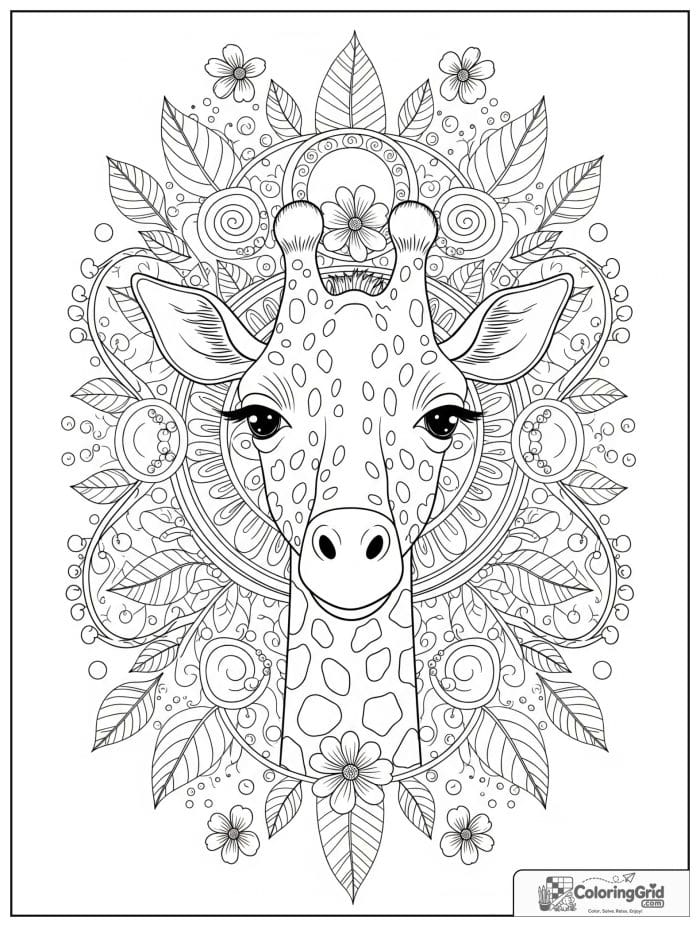 Giraffe animal mandala coloring page with leaf patterns and spots