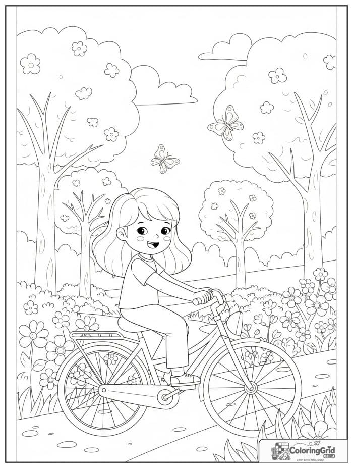 Girl riding a bicycle in a park with flowers and butterflies.