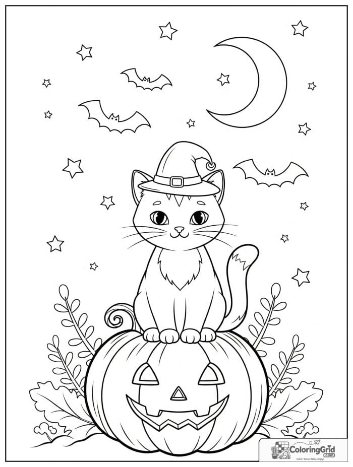 Halloween cat wearing a witch hat on a pumpkin coloring page