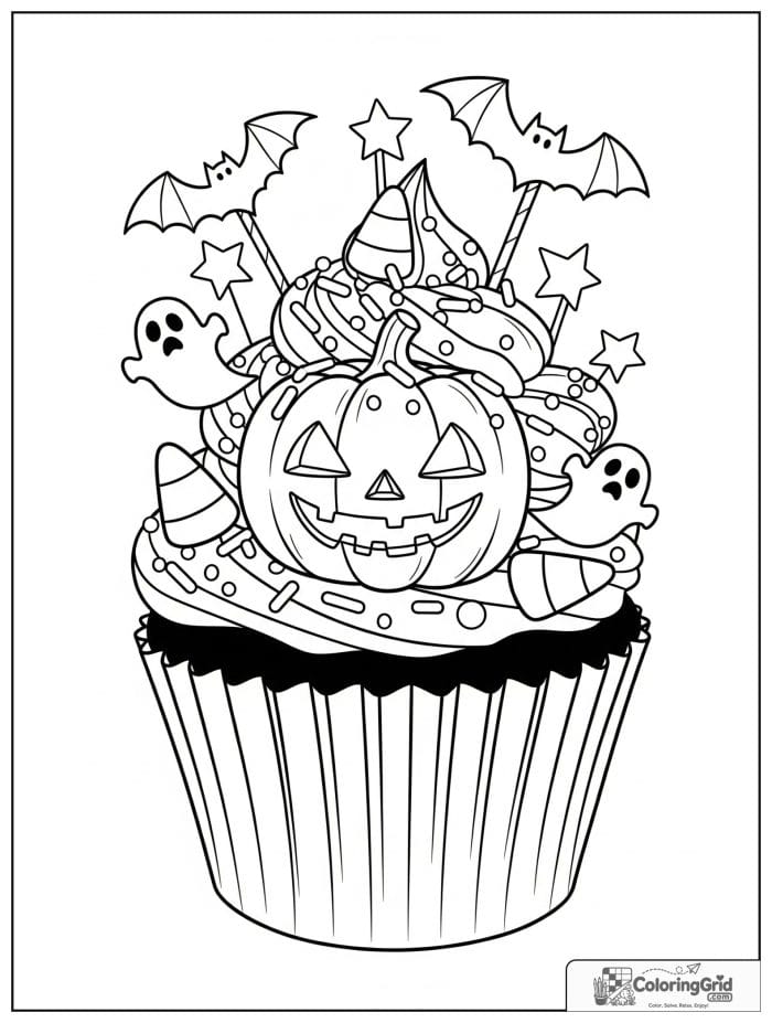 Halloween cupcake with pumpkin frosting coloring page