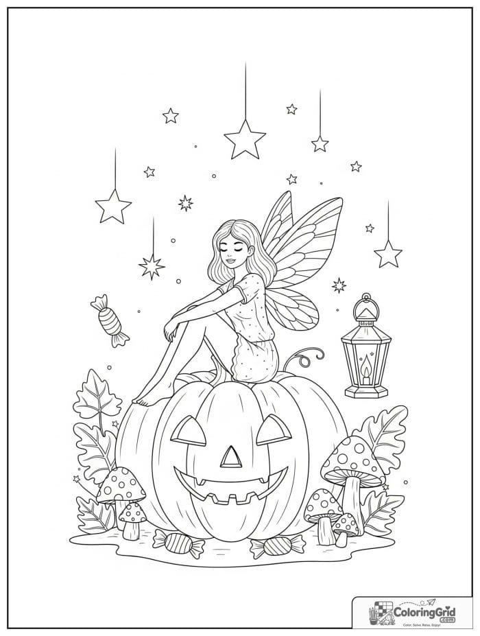 Halloween fairy sitting on a pumpkin coloring page