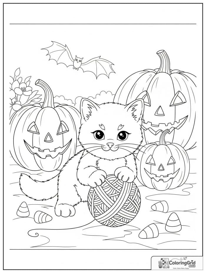 Halloween kitten playing with spider web yarn coloring page