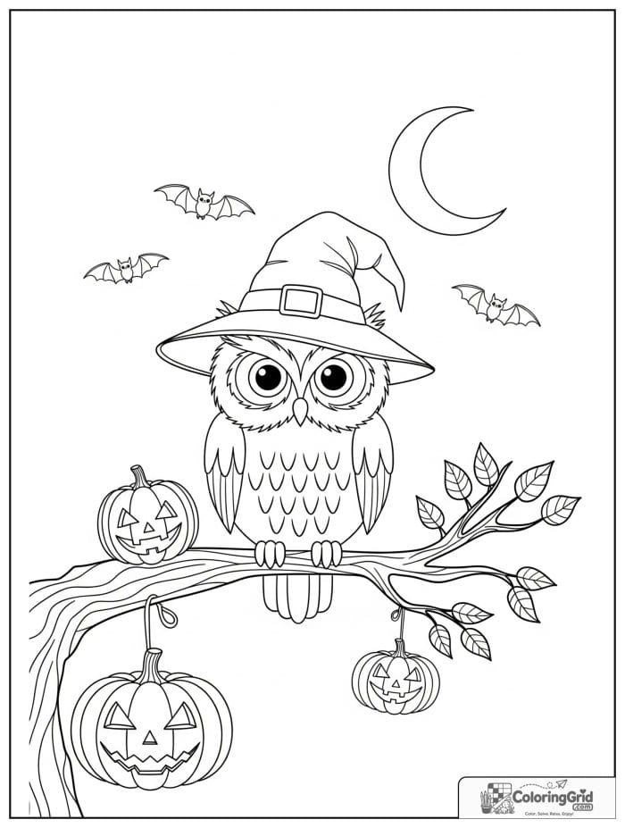Halloween owl wearing a witch hat coloring page