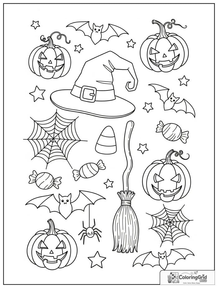 Halloween pattern with witch hat broom and pumpkins coloring page