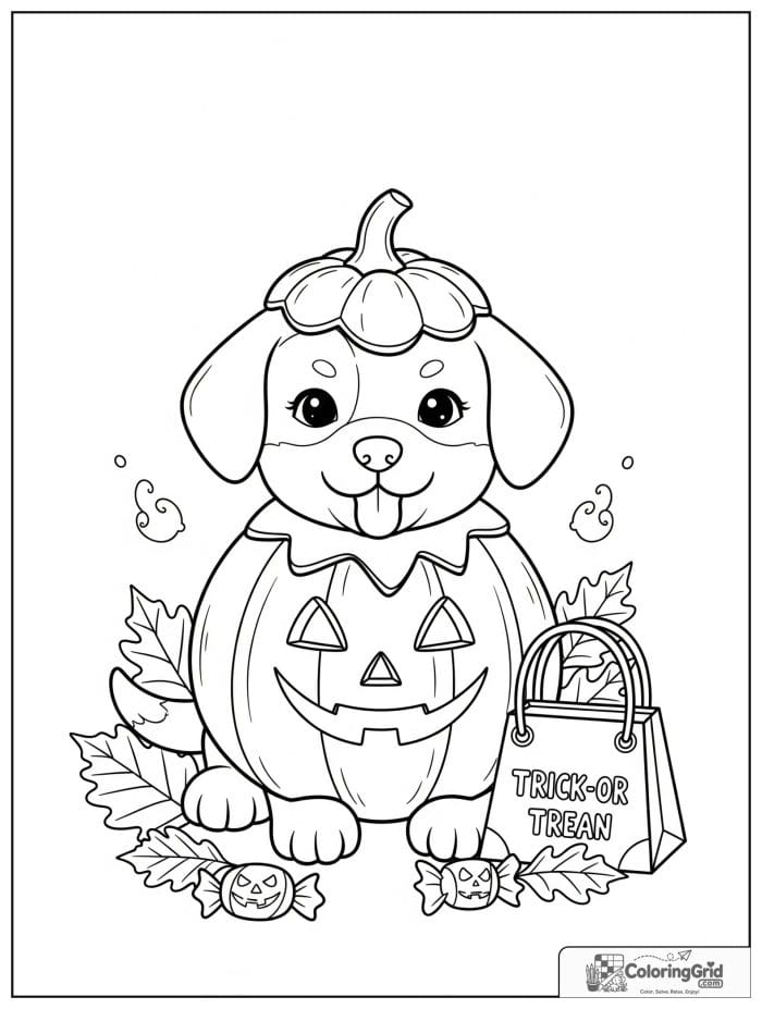 Halloween puppy dressed as a pumpkin coloring page
