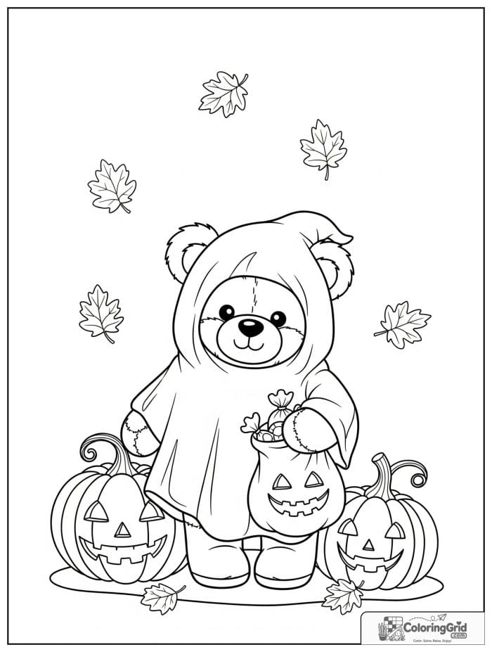 Halloween teddy bear in ghost costume coloring page