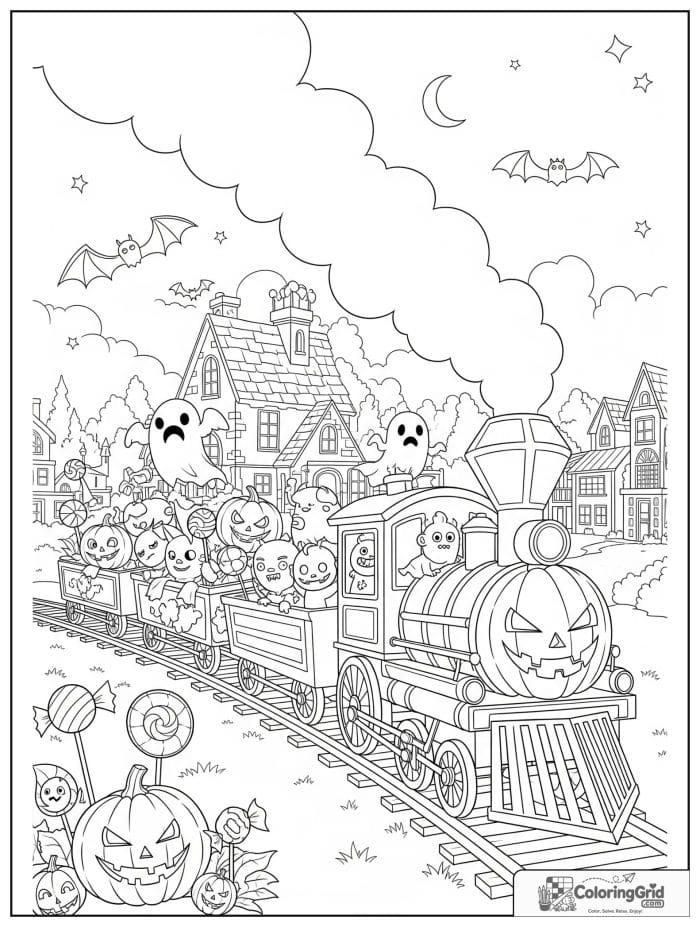 Halloween train carrying pumpkins and ghosts coloring page