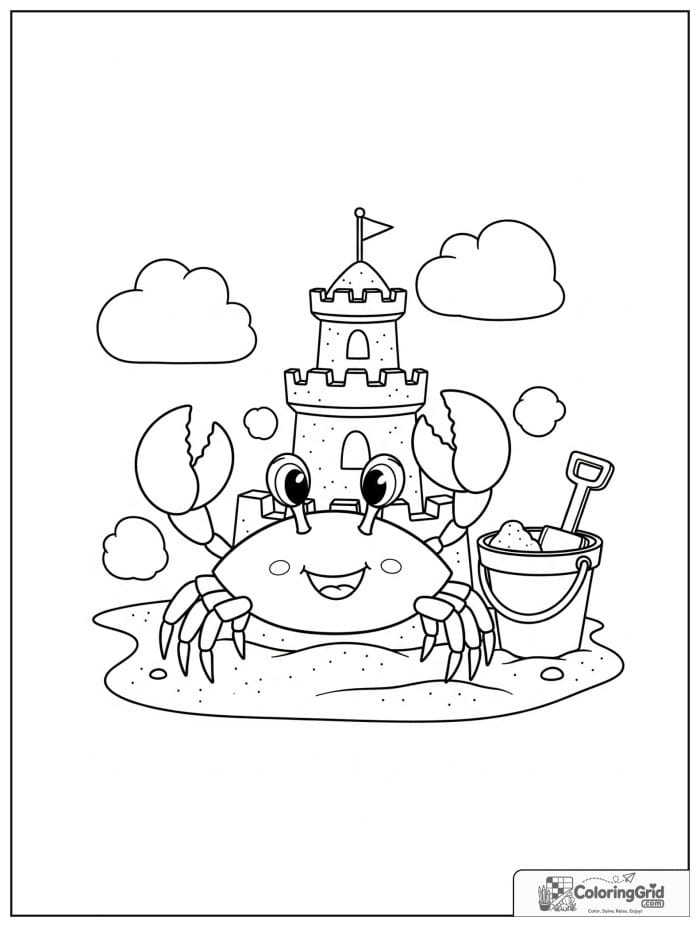 A happy crab builds a sandcastle on the beach with a bucket, shovel, seashells, and ocean waves.