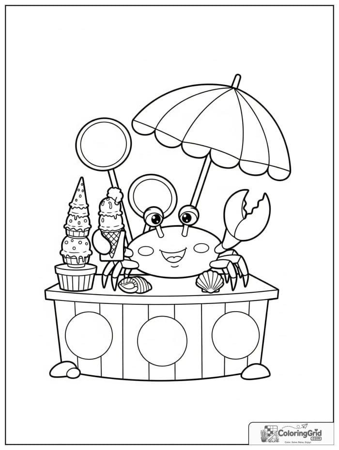 A happy crab serves ice cream at a seaside stand with cones, an umbrella, signs, and shells.